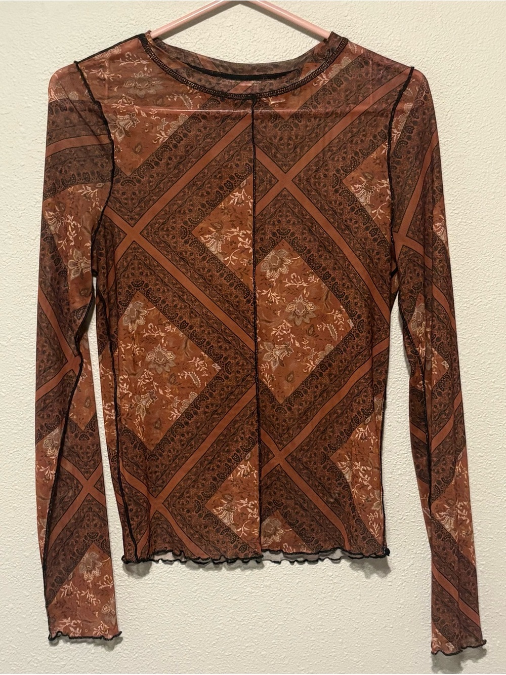 Willow Rust-Brown Printed Long Sleeve Sheer Top - Picture 4 of 7